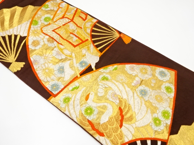 アンティーク　扇面に御所車・鶴模様織り出し袋帯（材料）